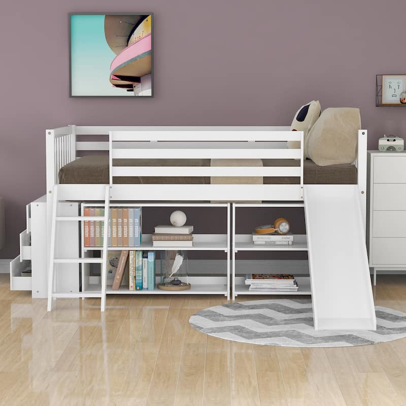 Twin Low Loft Bed with Attached Bookcases & Separate 3tier Drawers
