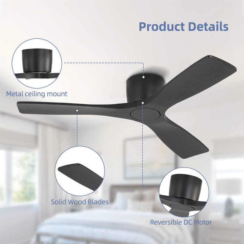 48Inch 3Blade Dc Motor Indoor Flush Mount Ceiling Fan With Remote