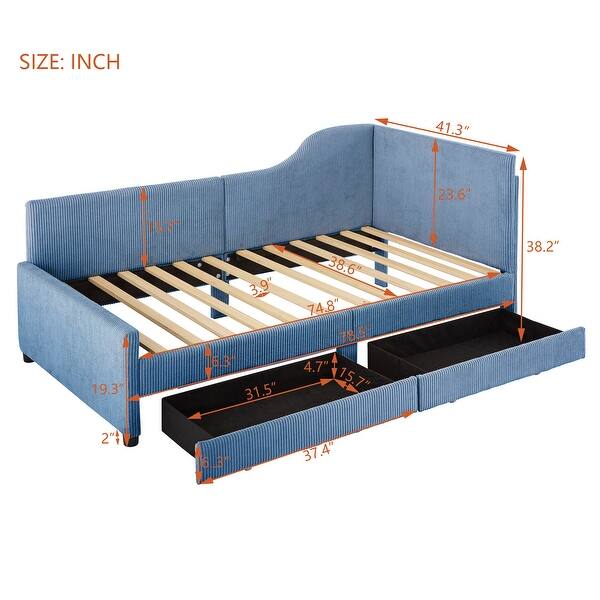 dimension image slide 2 of 3, Twin Stripe L-shaped Semi-enclosed Daybed wStorage Drawers, Corduroy Upholstered Daybed, Wood Slat Support, No Spring Box Need