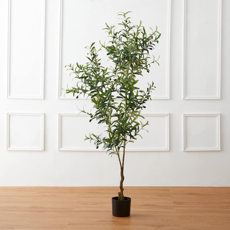 Glitzhome 6ft Faux Olive Tree with Black Pot Real Touch Artificial Plant