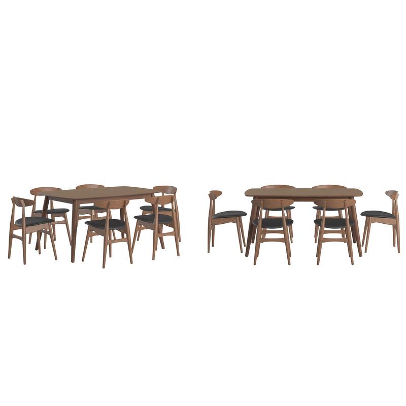 Ribe Mid-Century Modern Tapered Dining Set - 59" Table - Black Faux Leather/6 chairs