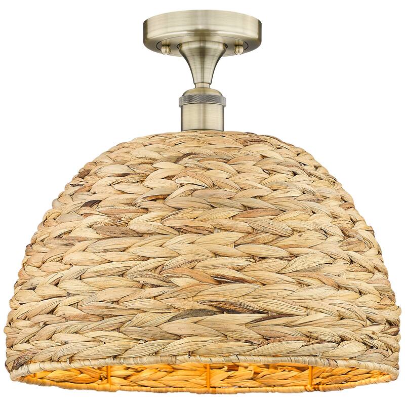 Innovations Lighting 616-1F-14-16 Woven Rattan Semi-Flush Woven Rattan - Antique Brass / Natural