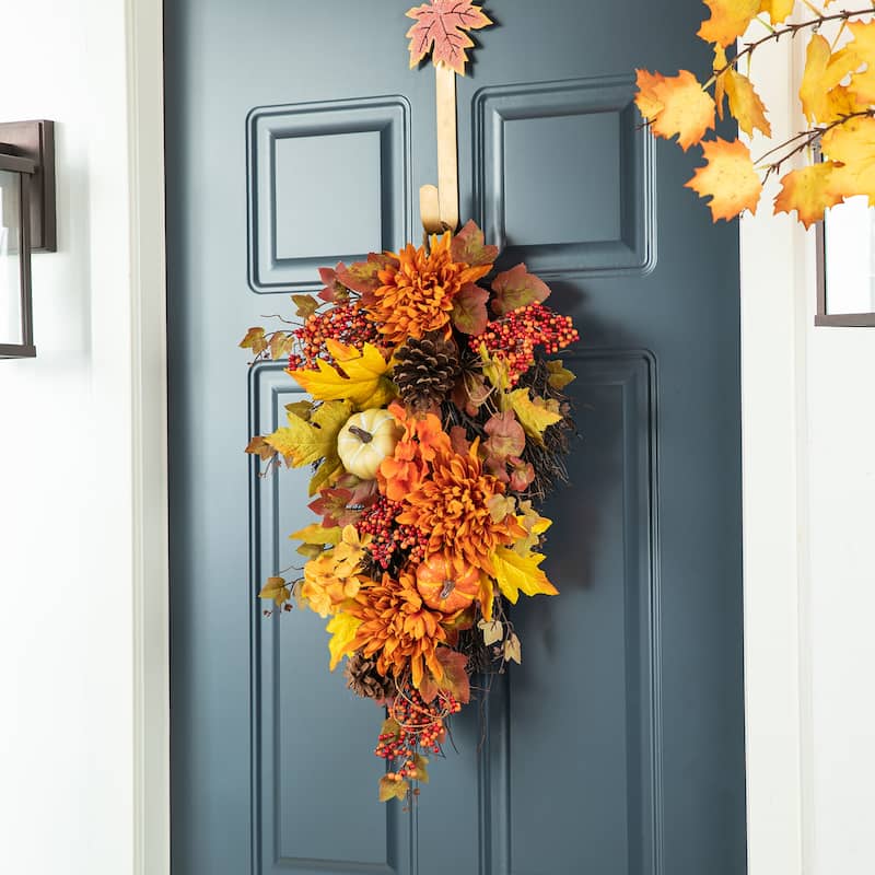 Glitzhome 27"H Fall Dahlia Pumpkin Leaf & Berry Swag Wreath with Hanger