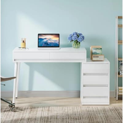 39.37" Modern White Glossy Desk with 5 Drawers & Printer Stand, Reversible Home Office Computer & Vanity Table for Small Spaces