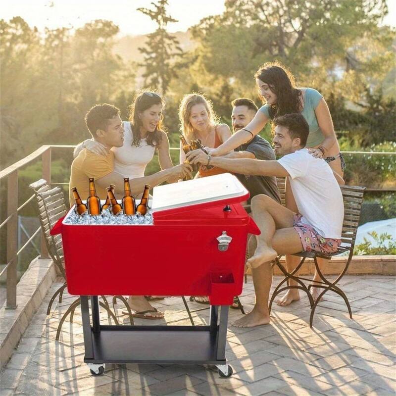 80 Quart Portable Rolling Cooler Cart with Shelf & Bottle Opener