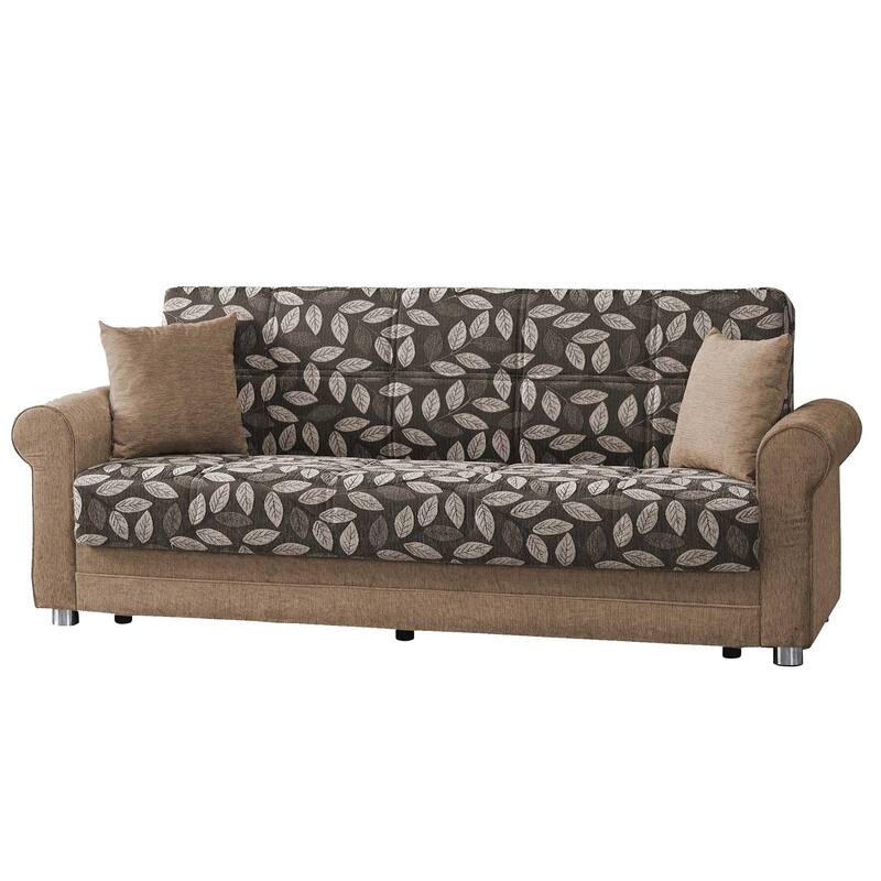 HomeRoots 89" Beige Chenille Convertible Futon Sleeper Sofa And Toss Pillows With Storage