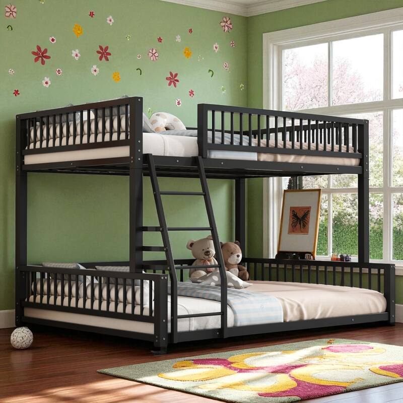 Metal Twin XL/Full XL over Queen Bunk Bed Frame with Ladder, Safety Rails, Space-Saving Floor Design - Black - Full