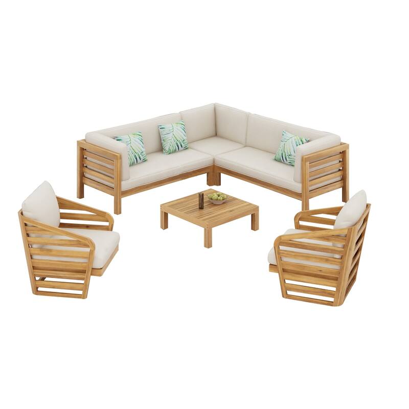 Oana Outdoor 5 Seater V Shaped Mid-Century Modern Acacia Wood Sectional Sofa Set with Club Chair by Christopher Knight Home