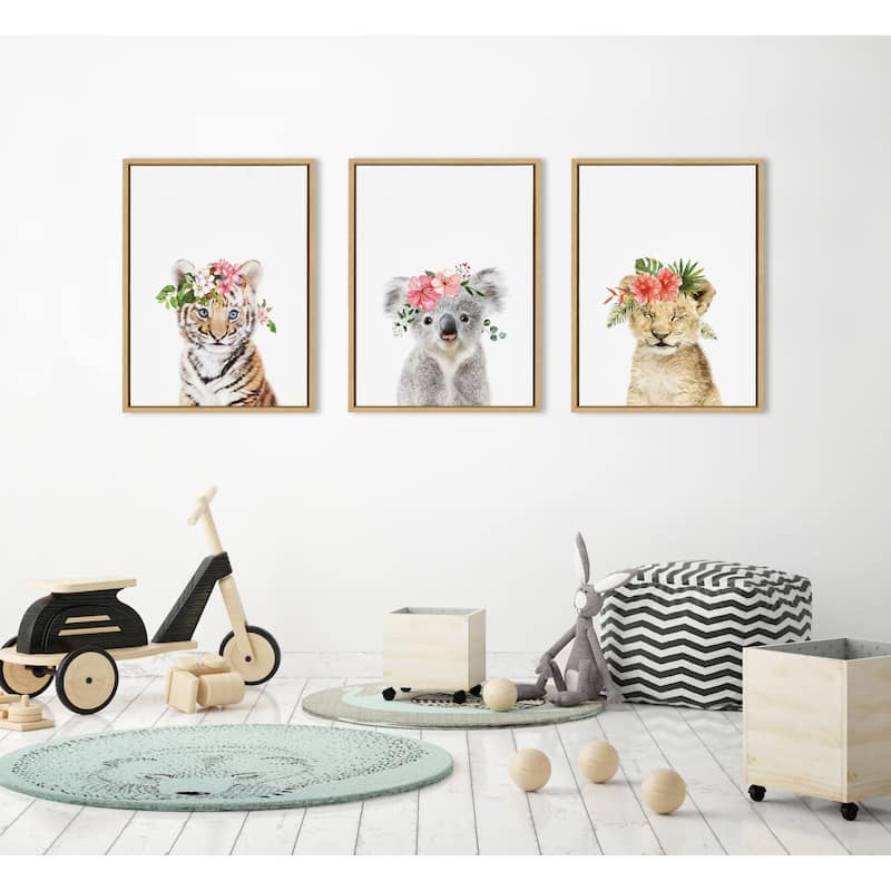 Kate and Laurel Sylvie Flower Crown Tiger Cub Framed Canvas by Amy Peterson