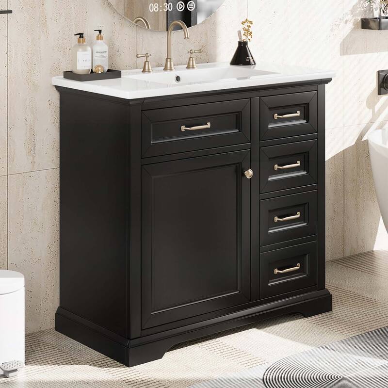 Freestanding Vanity Set with 2 Tip-out Drawers, Soft Close Door Hinges - Black