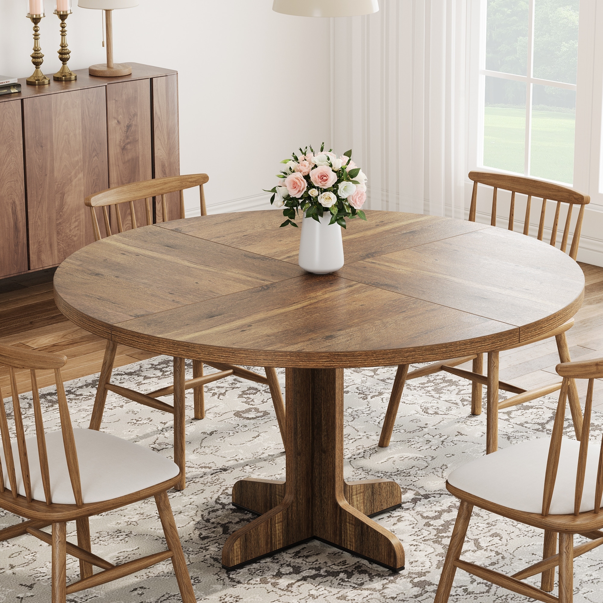 Round Dining Table for 4, 47 Inch Farmhouse Circle Kitchen Table with Wood Tabletop and Stable Base, for Home Dining