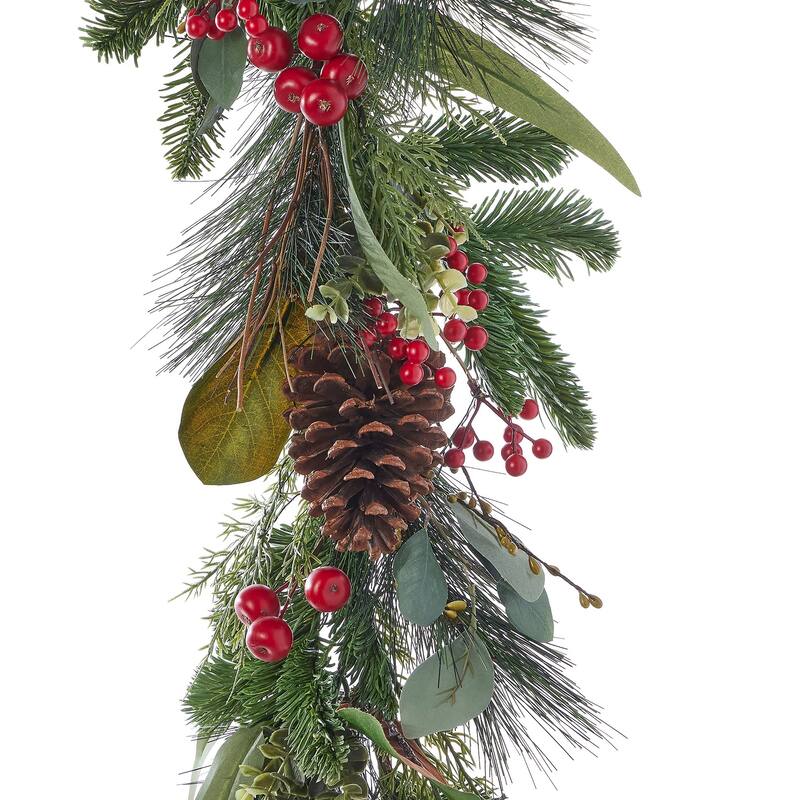 Magnolia Leaf, Eucalyptus, and Berry 9ft Garland, Pre-Lit with 50 LED Fairy Lights B/O