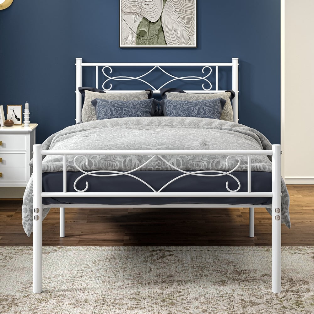 VECELO Metal Bed Frame with Headboard and Footboard No Box Spring Needed 12in Underbed Storage with Decorative Headboard