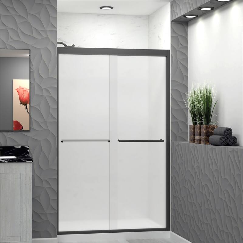 Frederick 47 in. W x 76 in. H Sliding Semi-Frameless Shower Door in Brushed Nickel with Frosted Glass - 48 x 76 - 48 x 76 - Matte Black