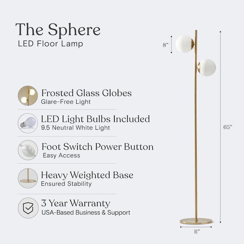 Brightech Sphere 65 in. Antique Brass Modern 2-Light LED Super Bright Floor Lamp with 2 Frosted White Glass Globe Shades