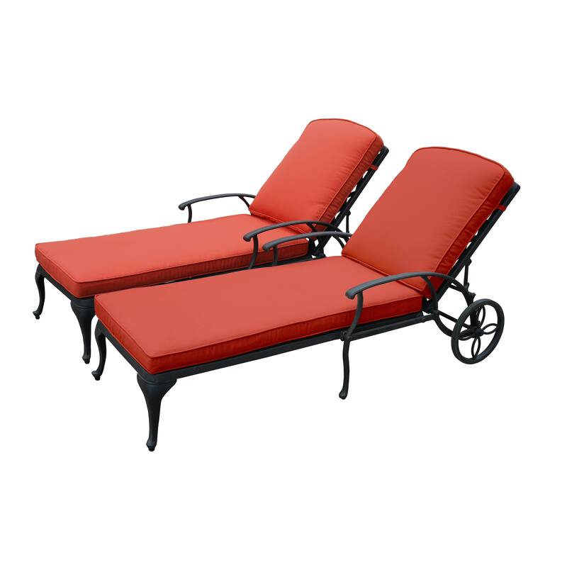 Aluminum Reclining Outdoor Chaise Lounge with Wheels and Cushions (Set Of 2)