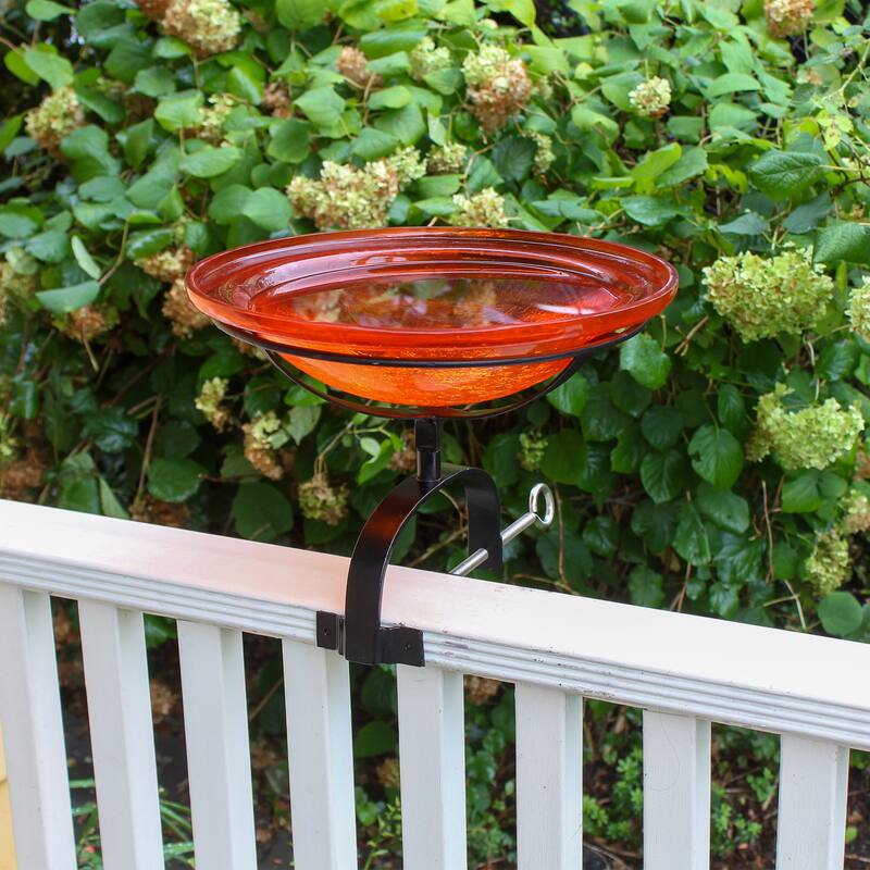 Achla Designs 12.5"Dia. Round Crackle Glass Birdbath w/Black Wrought Iron Over Rail Bracket