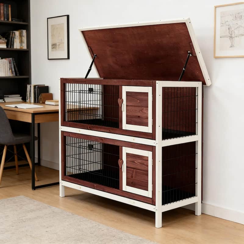 Small Animal Hutch Cage,Pet House,Elevated Rabbit Hutch is designed for convenient cleaning - Brown,White - Brown,White