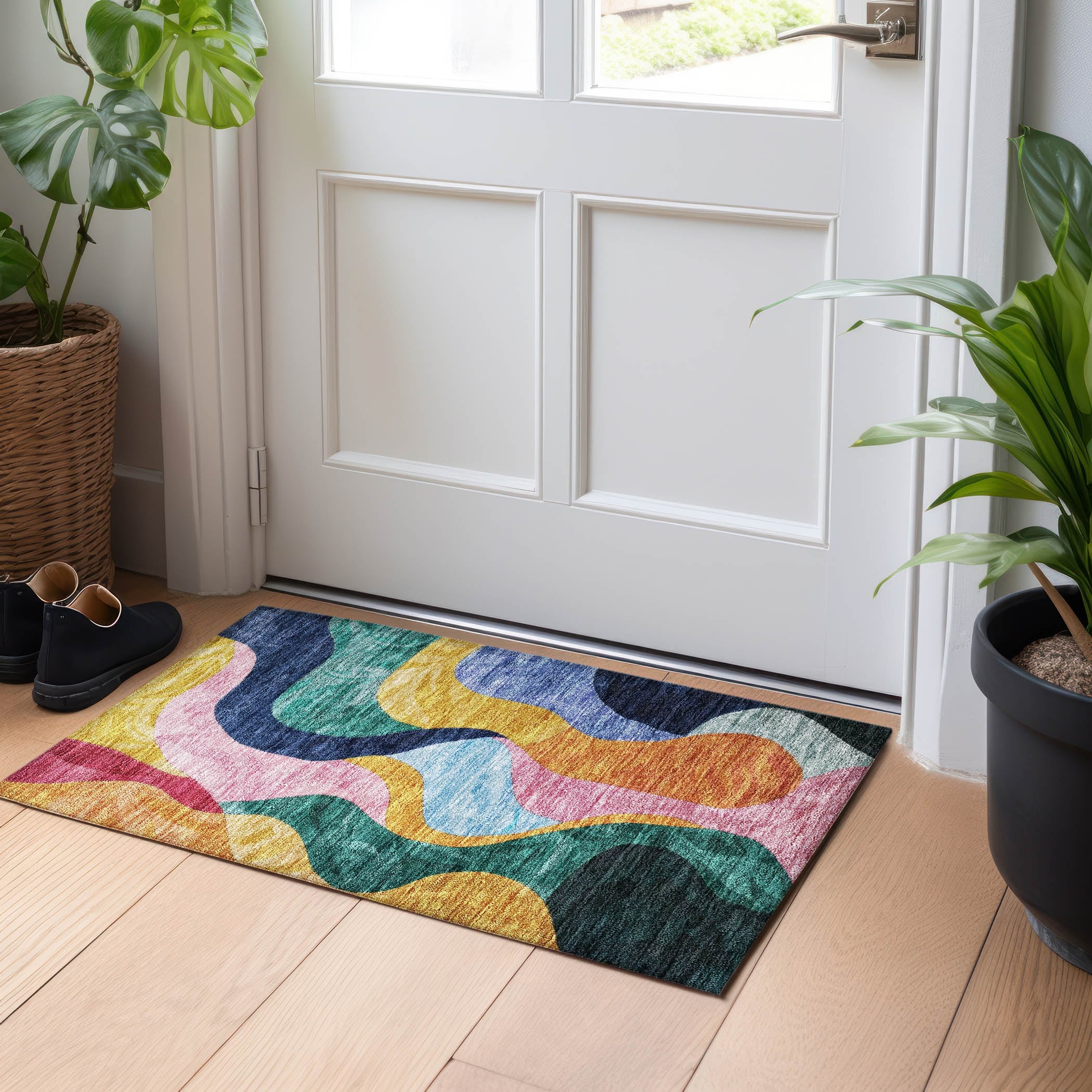 Machine Washable Indoor/ Outdoor Abstract Contemporary Chantille Rug