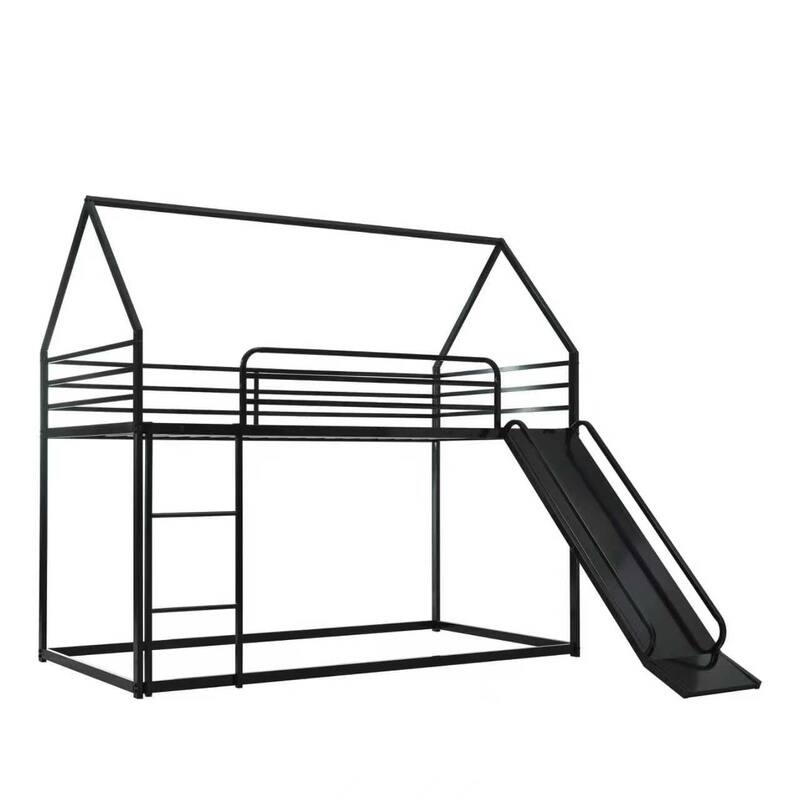 Metal Twin Over Twin House Bunk Bed with Ladder and Slider, Sturdy and Safe Design, Black