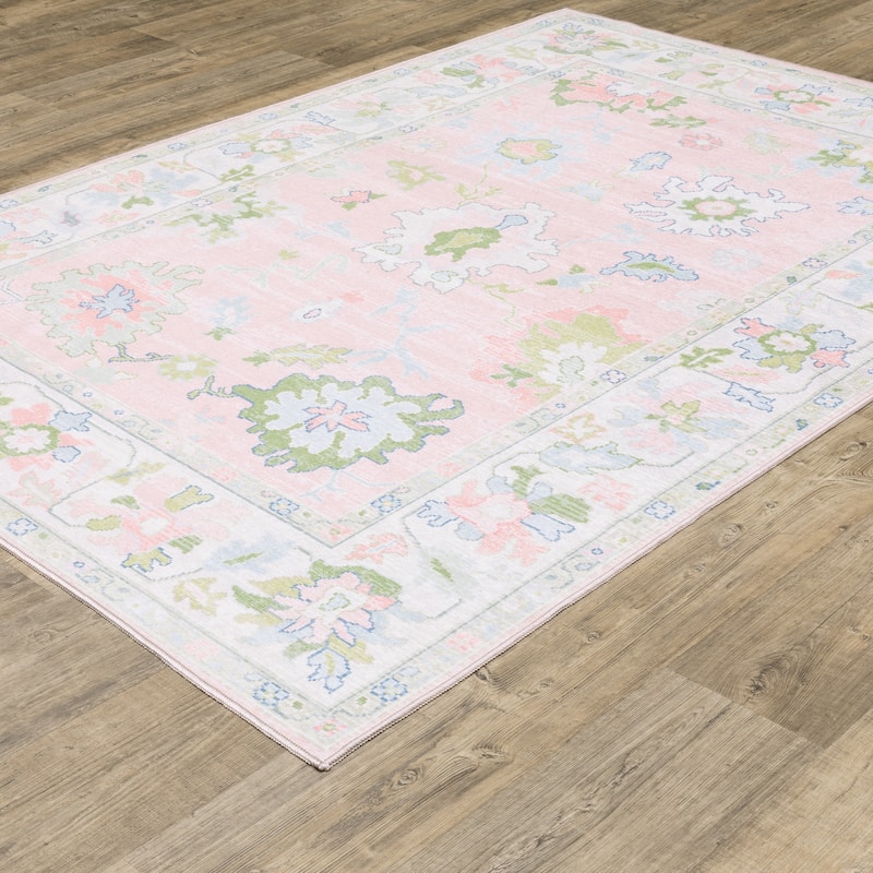 Addison Traditional Bordered Floral Pink/ Green Printed Washable Flat Pile Area Rug