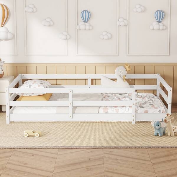 slide 2 of 36, Montessori Floor Bed with Fence,Wood Kids Bed,Twin Size White