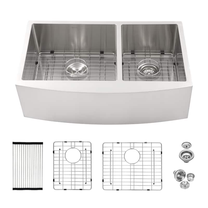 33" Farmhouse 16 Gauge Double Bowl Stainless Steel Kitchen Sink in Brushed Nickel - 33'' x 21'' x 10''