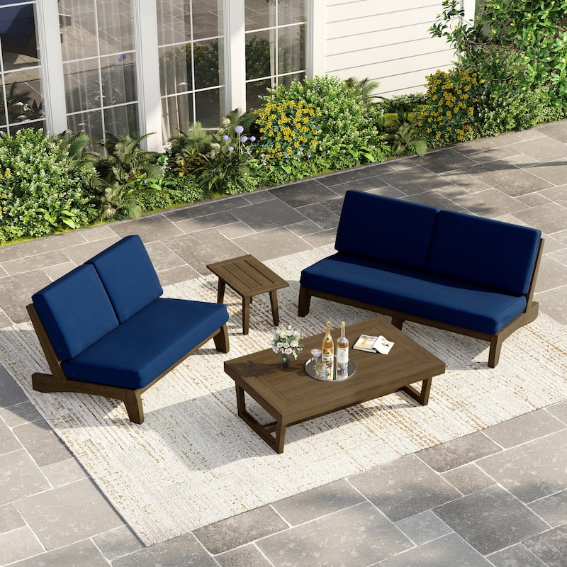 Casual Teak Outdoor Patio Conversation Set with Cushioned Sofa Loveaseat - Natural Wood - Navy-4 Piece