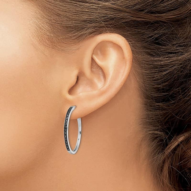 Curata 925 Sterling Silver 30x2mm Black Diamond Hoop Earrings