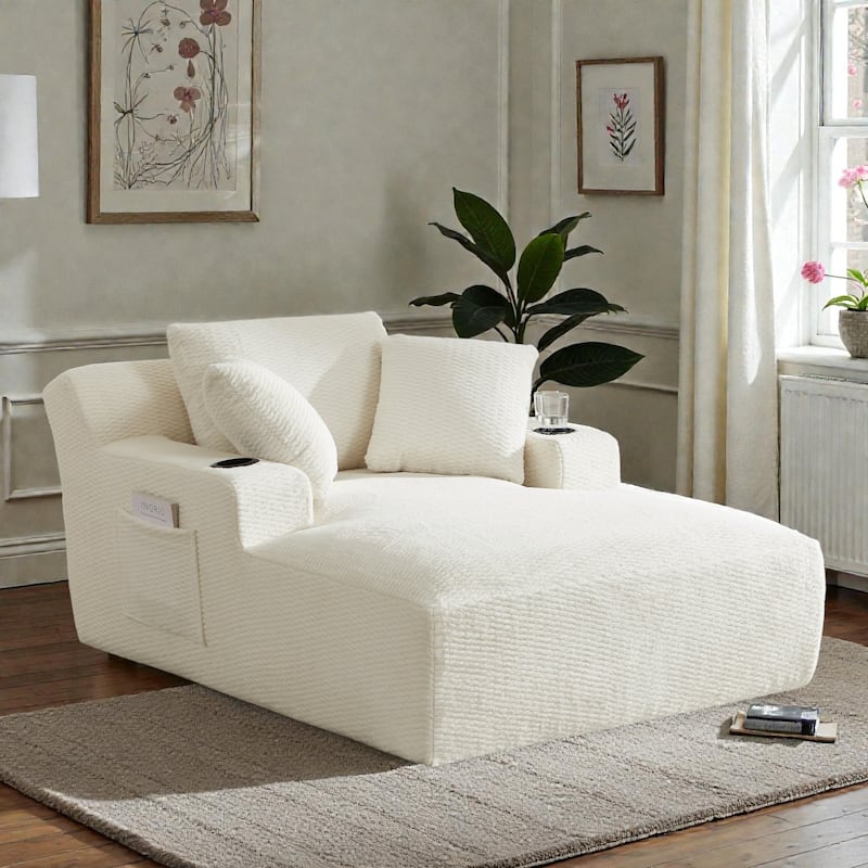 Oversized Chaise Lounge Chair Indoor, No Assembly Sleeper Sofa with Faux Fur Upholstery for Living Room or Office - Cream