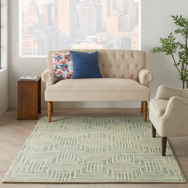 Nourison Linked Modern Geometric Ivory Turquoise Blue Area Rug - 3'9" x 5'9" - Ivory/Turquoise