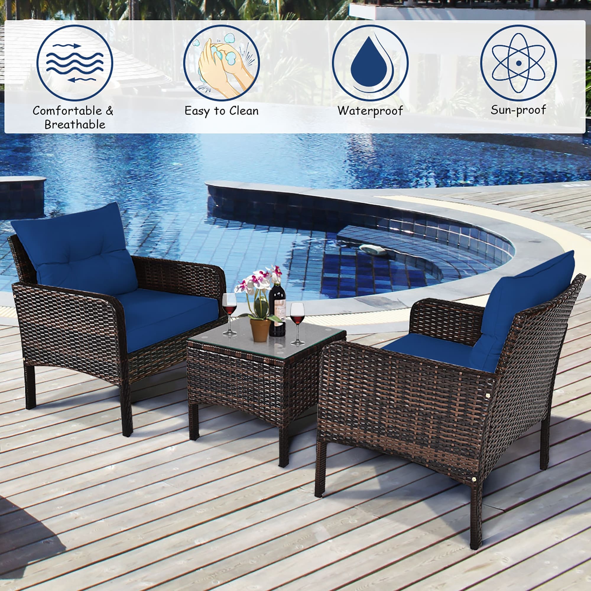 Costway 3PCS Outdoor Rattan Conversation Set Patio Garden
