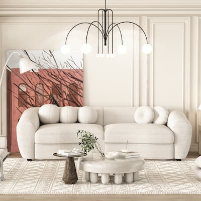 87.7" Modern Curved Sofa, Back Upholstered Couch with 5 Decorative Throw Pillows, Teddy Fabric Couch for Living Room