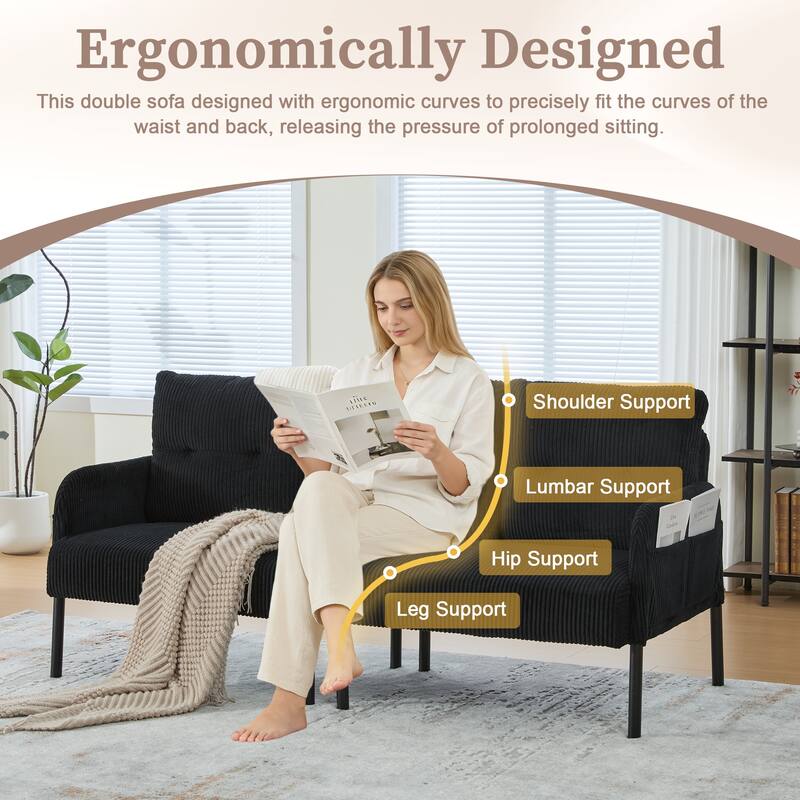 HOMEFUN Corduroy Upholstered Oversized Wood Frame Loveseat Sofa with Metal Legs and Side Pockets