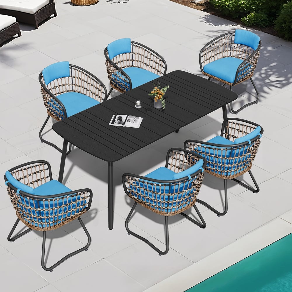 7-PC Patio Dining Set Rectangular Aluminum Outdoor Table with Umbrella Hole with Rattan Chair