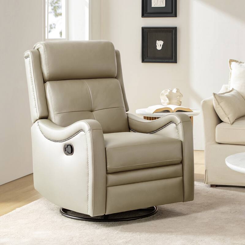 Franco Modern Genuine Leather Swivel Rocker Recliner with Nailhead Trims by HULALA HOME