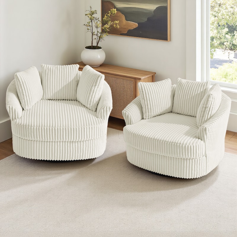 Oversized 43" W Corduroy Slipcovered Swivel Barrel Chair with Pillows Set of 2