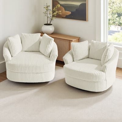 Oversized 43" W Corduroy Slipcovered Swivel Barrel Chair with Pillows Set of 2