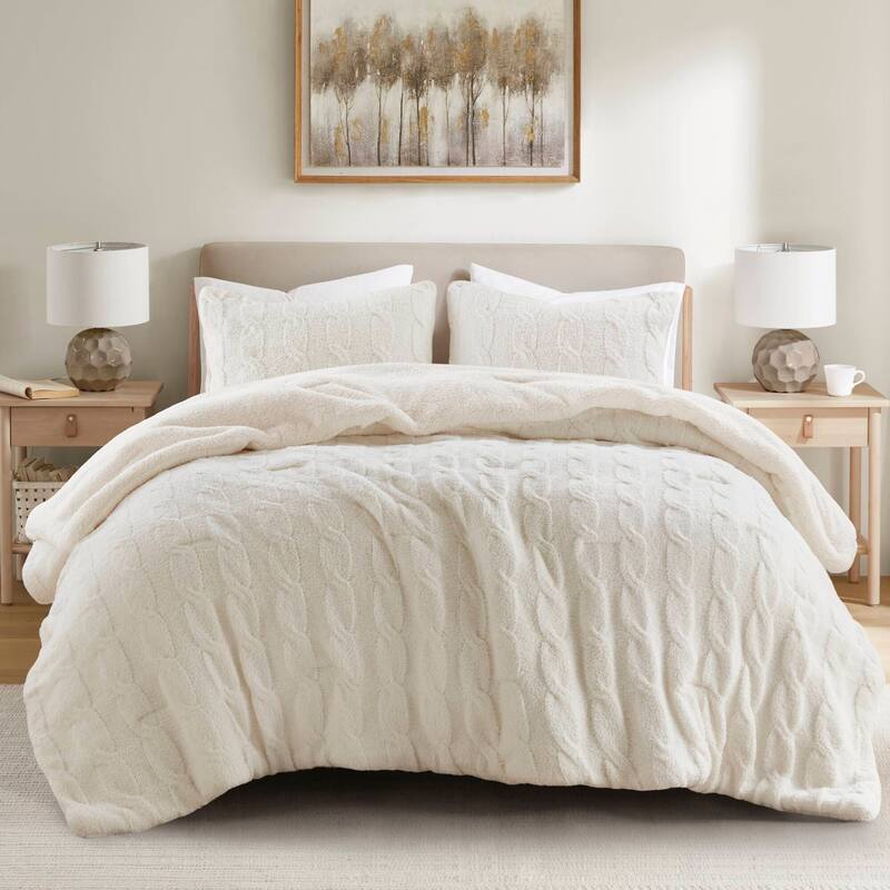 2 Pieces Twin Cable Knit Chenille Comforter Set - Ivory