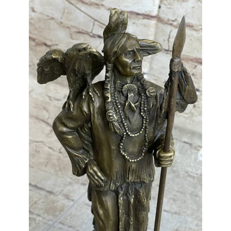 Native American Warrior And Eagle Sculpture Signed Original M. Lopez Bronze