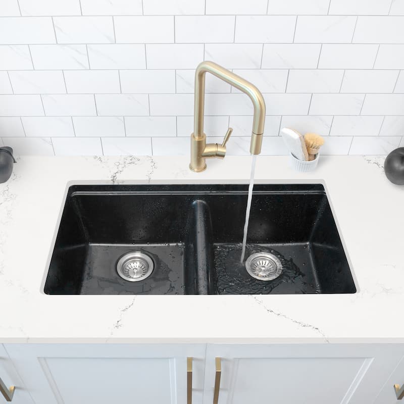 Dual mount 33 inch Black Composite Granite Double Bowl Workstation Kitchen Sink