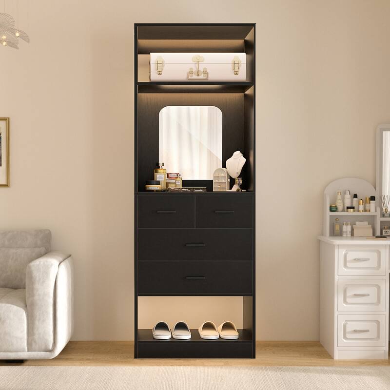 Cimly 25''W Closet Organizer with Mirror and Drawers, Freestanding Closet System for Walk-in/ Reach-in Closet - Set of 1 - Black