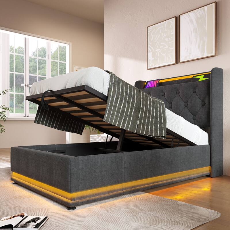 Metal Frame Storage Bed LED Linen Upholstered Platform Bed, Twin
