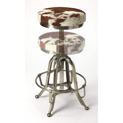 Brown White Leather Round Bar Stool with Silver Iron Frame and Footrest - 16” L x 16” W x 22” H