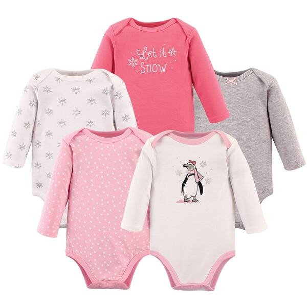 slide 1 of 1, Hudson Baby Infant Girl Cotton Long-Sleeve Bodysuits 5pk, Pink Penguin 0-3 Months - Pink Penguin 5-Pack