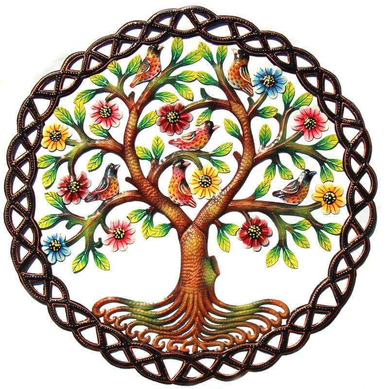 Handmade Painted Rooted Tree of Life Circle Recycled Steel Wall Art