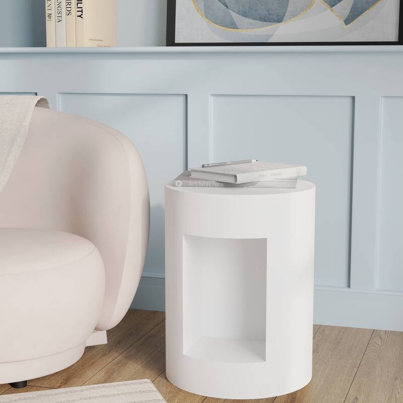 Nook 14" Wide Round Side Table in Fiberstone with Open Storage Compartment