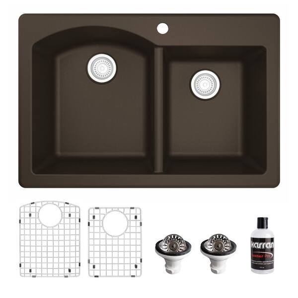 slide 2 of 60, Karran Drop-In Quartz 33 in. 1-Hole 60/40 Double Bowl Kitchen Sink Kit Brown