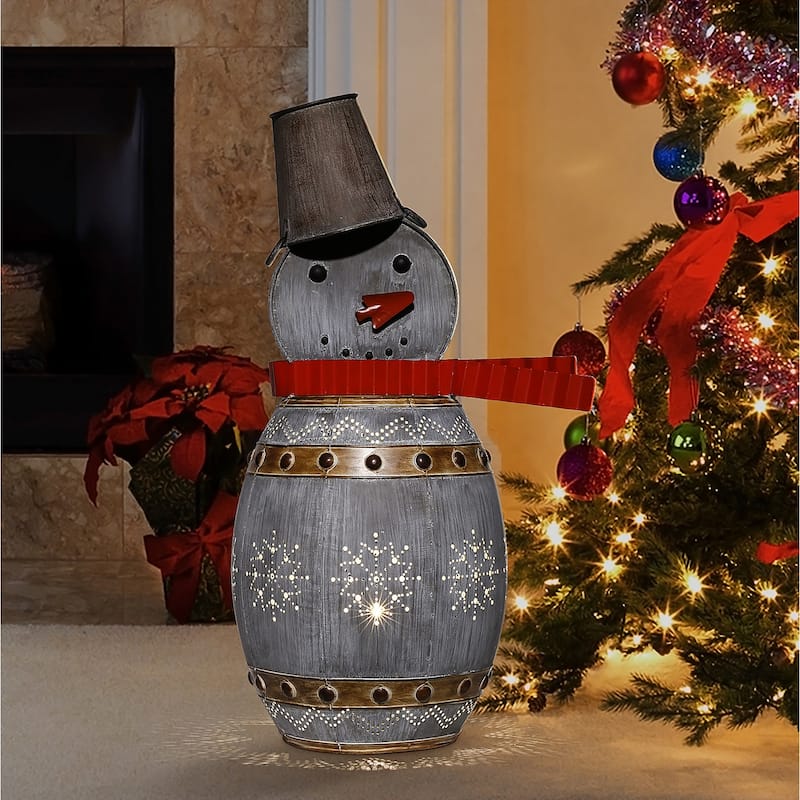 Alpine Corporation 30"H Indoor/Outdoor Metal Barrel Snowman Christmas Holiday Decoration with LED Lights - Silver