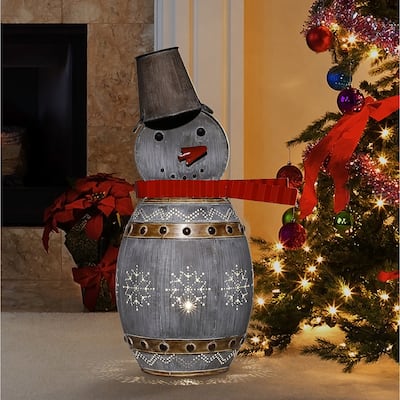 Alpine Corporation 30"H Indoor/Outdoor Metal Barrel Snowman Christmas Holiday Decoration with LED Lights - Silver